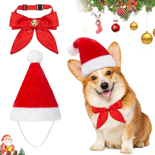 2 Pezzi Costume di Natale per Animali Domestici, Papillon Cappelli da Natale Gatti Cani, Cappello da Babbo Natale Papillon per Animali, Regalo per Piccola e Medio Gatto Cane