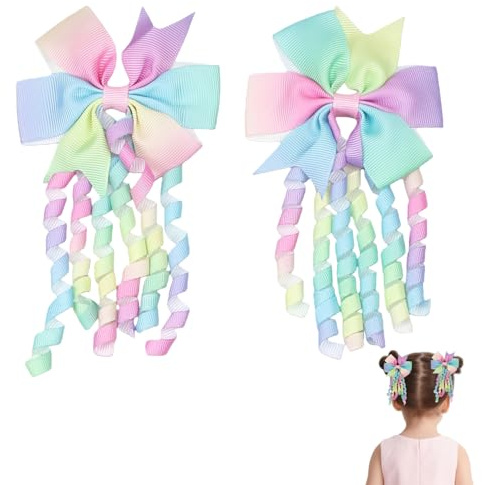 Hair Bows for Girls,2Pcs Bow Hair Clips,Cute Curly Grosgrain Ribbon Hair Clips Cheer Girl Hair Accessories for Kids School