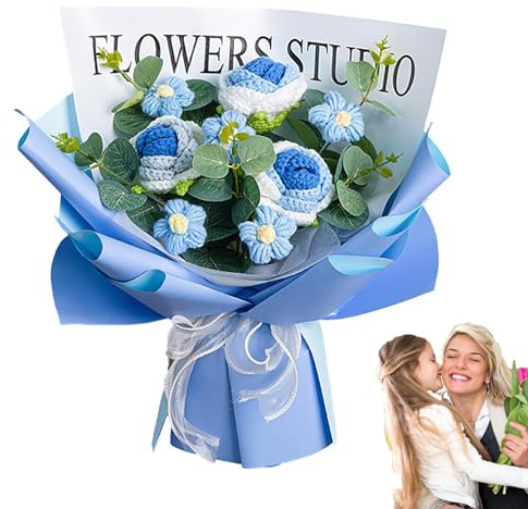 Stickad bukett med blommor, stickning virkad blombukett torkad – handgjord stickad eviga konstgjorda rosblommor för heminredning, bordsuppsats