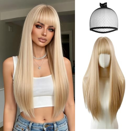 HTTDSLF 70 cm Pelucas Largas Lisas Rubias para Mujer con Flequillo Pelo, Pelucas Rectas Naturales, Pelo Sintético, para Fiesta Diaria Cosplay Wear Halloween