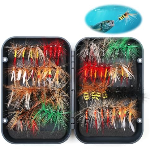 64Pcs Fly Fishing Flies Kit with Waterproof Magnetic Box Including Nymphs