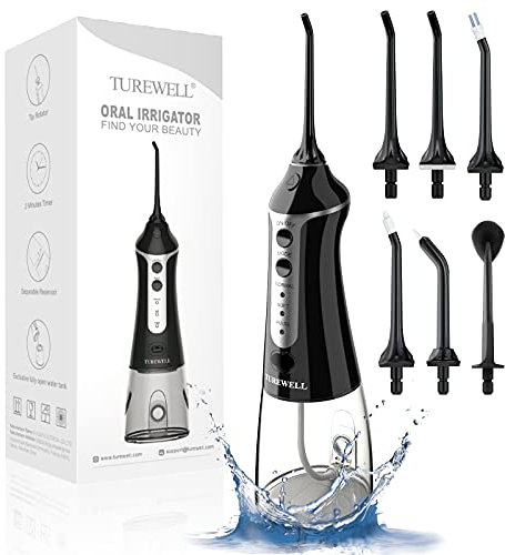 TUREWELL FC1591 Irrigadores Bucales,Irrigador Dental Portatil con 5 Boquillas 3 Modos,IPX7 Impermeable,USB Recargable para Limpieza Dental, 300ML Irrigador Oral de Familia y Viajar Schwarz