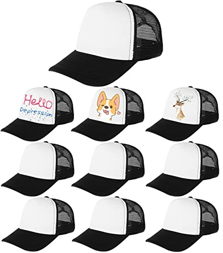 Outink 10 Pack Kids Mesh Baseball Cap Adjustable Sublimation Blank Snapback Trucker Sun Hat for Sports Outdoor (10Pack-Black White)