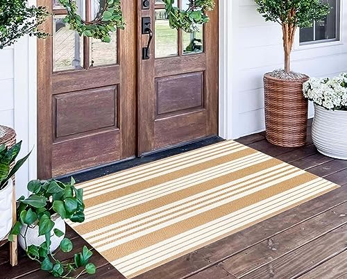Tappeto da esterno a righe color cachi e bianco, 61 x 130 cm, tessuto a mano, lavabile in lavatrice, per interni/esterni, per ingresso, camera da letto, esterno