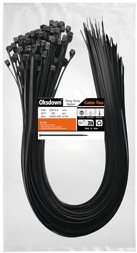 Oksdown 100 Pack Black Thick Cable Ties Heavy Duty Large 600mm×4.8mm Strong Nylon Plastic Self Locking 24 inch/60 cm Extra Long Zip Tie Wraps