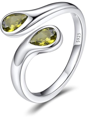 Bestyle Anello Donna Argento 925, Anelli Donna Regolabile con Peridoto Pietra di Nascita, Anello Argento Portafortuna a Goccia, Idee Regalo per Ragazza Fidanzata Anniversario Compleanno Natale.