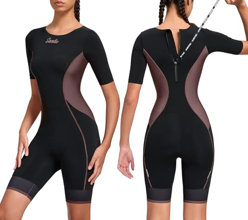 Santic Triathlondräkt för kvinnor vadderad triathlon onepiece mysig dräkt pro tri-kostym snabbtorkande bantning cykel skinsuit, BRUN, S