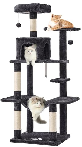 MSmask Kratzbaum groß, L Katzenbaum Stabil, Katzenkratzbaum mit Plattformen, Katzenhöhlen, Hängematte, Sisalsäulen, mehrstöckiger Kletterbaum für Katzen (Dunkelgrau)