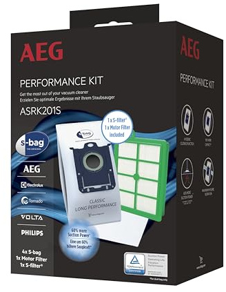 AEG ASRK201S S-Bag Performance Kit, 4X S-Bag Staubbeutel Classic Long Performance, 1x S-Filter Hygienefilter Waschbar, 1 x Motor Filter, Hohe Saugleistung, Hygieneverschluss, Beutelsauger
