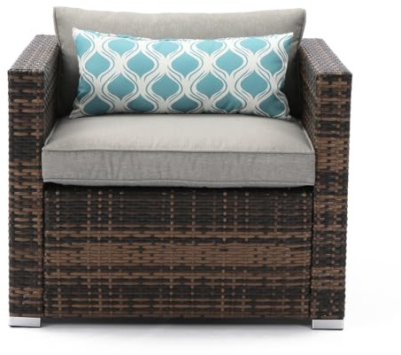 COSIEST All-Weather Patio Chair, Single Brown Wicker Chair with Thick Gray Cushions & Teal Pillow, Outdoor Rocking Chair for Porch, Garden, Poolside