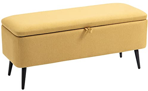 HOMCOM Panca Contenitore Camera da Letto 61L con 2 Cerniere di Sicurezza e Seduta Imbottita, Panca Fondo Letto Pouf Cassapanca in Tessuto Effetto Lino e Gambe in Acciaio, 101x38.5x44.5 cm, Giallo