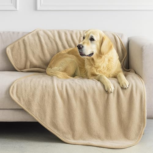 Dreamzie - Plaid Imperméable Chien 100x120 cm - Couverture Imperméable Réversible - pour Lit et Canapé Chien, en Polaire Sherpa - Lavable - Beige