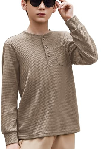 Arshiner Pojkar långärmad t-shirt för barn, långärmad tröja med rund hals, enfärgade toppar, höst, vinter, t-shirts, toppar, basic, fritidströja med bröstficka, 5–12 år, kaki, 130