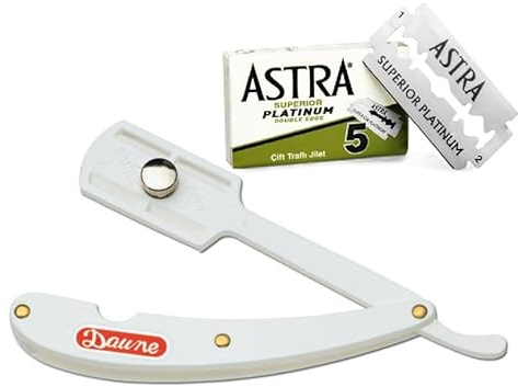 Daune Rasoio da Barba Professionale con Lama Intera a Mano Libera, Set con 5 Lame Astra Platinum, per Barbiere