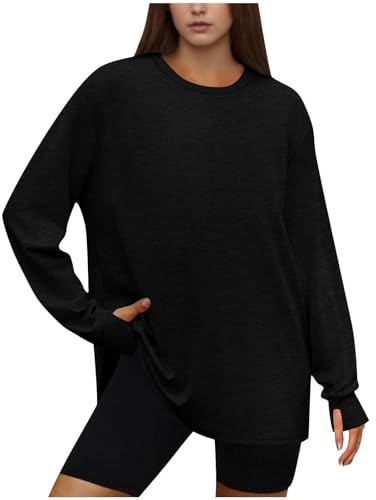 Gym Tops for Women Oversized Workout Top Loose Long Sleeve Athletic Shirt with Thumb Hole Crew Neck Fitness Training Running Top Yoga Tee Shirt Ladies Casual Pullover Blouses Black
