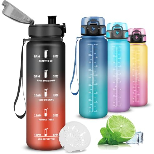 Mujigaga Borraccia 1 Litro, Borraccia Palestra, Senza Perdite, Borraccie Motivazionale, con Scala Temporale, Borraccie con Filtro, Facile da Pulire, Borracce per Sport, Fitness, Triathlon, Yoga