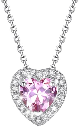 Bestyle October Birthstone Necklace for Women Pink Tourmaline Silver Heart