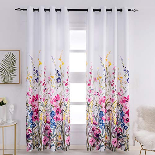 Kotile Floral Curtains - 84 Drop, Red Pink Floral Printed, Privacy Eyelet Thermal Insulated Curtains for Girls Room, 52 x 84 Inch, 2 Panels