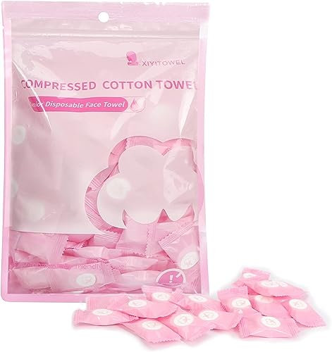 Compressed Towel 100 PCS Mini Tablets Disposable Portable Face Towel Cotton Coin Tissue for Travel, Camping, Hiking, Sport, Beauty Salon, Home Hand Wipes and Other Outdoor Activities (Pink)