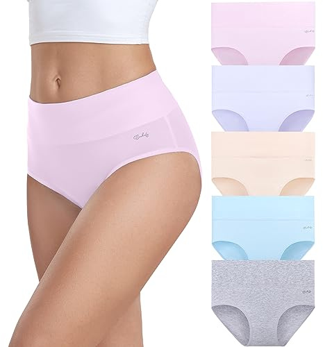 coskefy Underwear Women, High Waisted Cotton Knickers Ladies Full Briefs Soft Panties Slight Tummy Control Pants 5 Pack XXL