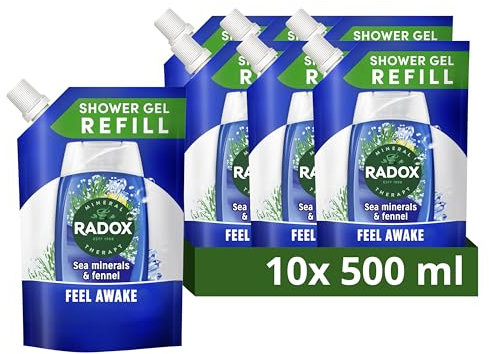 Radox Mineral Therapy Feel Awake 2-in-1 Body Wash & Shampoo Eco Refill Shower Gel with a sea mineral & fennel fragrance for a refreshing experience 10x 500 ml