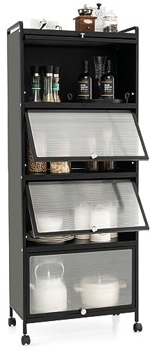 COSTWAY Rolling Kitchen Storage Cabinet, 5-Tier Tall Pantry Utility Shelf with Flip-up Doors & Lockable Wheels, Freestanding Bakers Rack Microwave Stand for Living Dining Room, 60 x 32 x 154cm (Black)