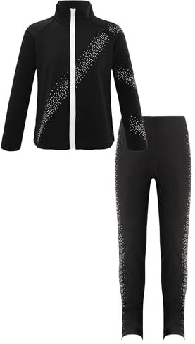 Kaerm Eiskunstlauf Kleidung Training Kinder Mädchen Langarm Sweatjacke Strass Glitzer Sportjacke Mit Gymnastikhose Lang Trainingshose Sportswear Schwarz G 134-140