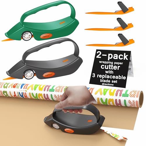 Perfycut 2 Pack Wrapping Paper Cutter with 3 Replaceable Blade Sets for Gift Wrapping Paper Roll Cutter and Christmas Wrapping Paper