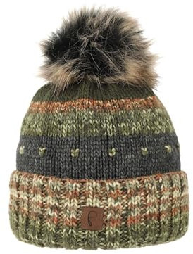 Cappello Invernale da Donna con Pompon in Pelliccia Sintetica e Fodera in Pile Termico, Colore:Verde, Taglia:One Size