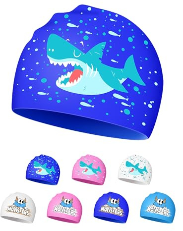 Cuffia da Piscina per Bambini 4-12 anni, in Silicone, Impermeabile, con Design Carino e Antiscivolo (Squalo blu)