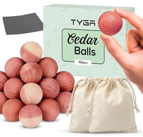TYGA 40 Cedarwood Balls 100% Natural Moth Repellent | For Wardrobes, Drawers & Travel Bags, With Natural Oils to Protect Clothes, Anti-Moth Balls, With Sandpaper