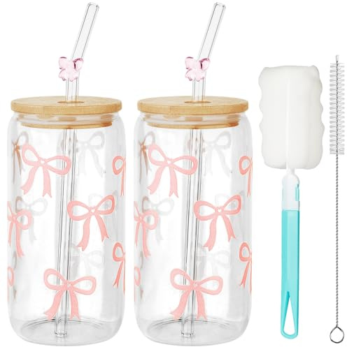 Mssushi 2 pezzi Bow Tazza in vetro,16 Oz Bicchiere con Cannuccia e Coperchio Vetro,Bicchiere Versatile ed Elegante,per Birra,Cocktail,Tè,Coca Cola,Succhi di Frutta,Soda