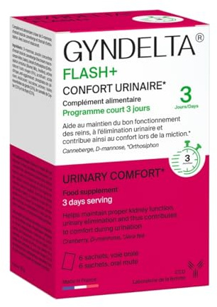 Gyndelta Flash+ Confort Urinario Femenino 6 Bolsas | Cura 3 Días | D-Manosa, Arándano 72mg PACs & Orthosiphon | Polvo Diluir Aroma Frutas Rojas | Desde los primeros signos | Fabricado en Francia