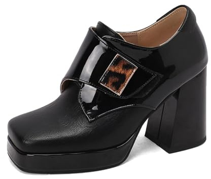 Générique Chaussures Femme Bottines Plateforme Bout Carré Talon Haut Épais Color Block Accent Léopard Cuir Verni Semelle Confortable Style Rétro Habillé
