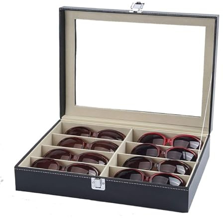 GREENSAPPIRE Caja Organizadora de Gafas con Tapa de Cristal y Cajones – Estuche Expositor de Gafas de Sol y Joyas, Cuero Sintético Premium, Gran Capacidad, para Hombre y Mujer (Una planta)
