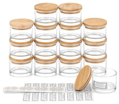 BREEZENEST 15 Pack 4 oz Clear Glass Candle Jars with Bamboo Lids Empty Small Wide Mouth Candle Containers for DIY Candle Making Supplies Airtight Spice Storage Jars with Sticky Labels
