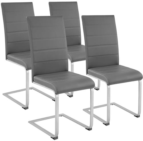 tectake® 4er Set Esszimmerstühle, Freischwinger Küchenstuhl mit Rückenlehne, Stühle für Esszimmer, Küchenstühle modern, Dining Chair, Polsterstuhl, Esstischstühle, Besucherstuhl - grau