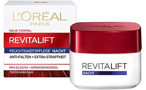 L'Oréal Paris Feuchtigkeitspflege Nacht für Frauen: sorgt für ein strafferes Hautbild & mildert Falten & stärkt die Hautschutzbarriere über Nacht mit Pro-Elastin & Aprikosenkernöl, Revitalift, 1x 50ml