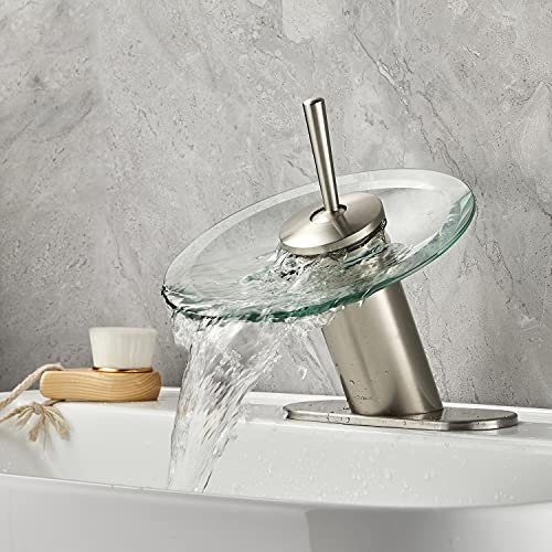 RODDEX Robinet d'évier de salle de bain cascade unique en laiton moderne en forme de cercle en verre pour lavabo, lavabo à trou unique, robinet d'évier d'angle à une poignée, robinet de salle de bain