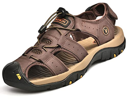 Sandaler för män, i läder, vandringssandaler, utomhusskor för sommar, andas, storlek 38–48, Brunröd, 40 EU