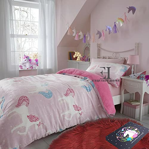 EXQUIZIT HOME Teddybär-Fleece-Dinosaurier-Brüllen-Bettwäsche-Set mit passendem Kissenbezug, warm, gemütlich, für den Winter, Kinder, Dino-Bettwäsche, (Einhorn-Rosa, Doppelbett, ca. 200 x 200 cm)