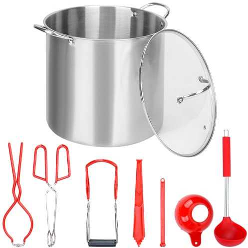 Gtouse 21.5 Quart Stainless Steel Canning Pot with Lid & 7 Pieces Canning Tools Set, Canning Supplies Starter Kit Water Bath Canner for Beginner, Kitchen, Home (Red, Not Include Canning Rack)