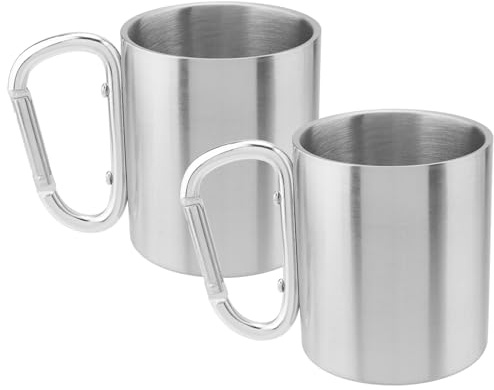 CHUEHKAK Lot de 2 tasses de camping en acier inoxydable, 220 ml, avec mousqueton, gobelets en métal avec anse, pour les voyages, le camping, la randonnée, les sports de plein air, 7 x 8 cm, argent
