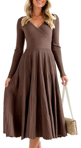 Saodimallsu Womens Long Sleeve Midi Sweater Dress Wrap V Neck Pleated A Line Fit Flare Elegant Knit Maxi Dress Coffee