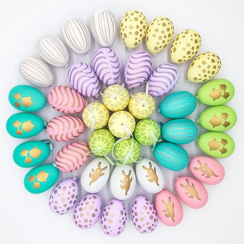 Crisgus 42x Ostereier zum Aufhängen, Bunte Ostereier Plastik, Osterdeko für Draußen,Easter Egg(6 cm * 4 cm) H
