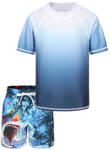T Shirt de Bain Anti UV Enfant à Manches Courtes Rashguard Maillot de Bain Garcon 2 Pieces Haut de Bain Anti UV Garcon Short de Bain Garcon Enfant pour Surf Natation Piscine Plage 6 7 Ans