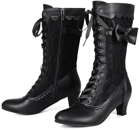Voviggiw Damen-Stiefel im Vintage-Stil viktorianische Stiefel mittlere Waden Reißverschluss Kostüm Renaissance-Schuhe mittelhoher Absatz Hochzeitskleid-Stiefel Schleifen schwarze Markierung Größe 38