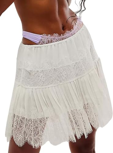 Springcmy Femme Y2K Jupe Courte à Volants en Dentelle à Couches d'Été avec Rouleau Plissé en Dentelle Demi-Slip Bas Taille Fluide Jupes Sous-Jupe, A - Blanc, S
