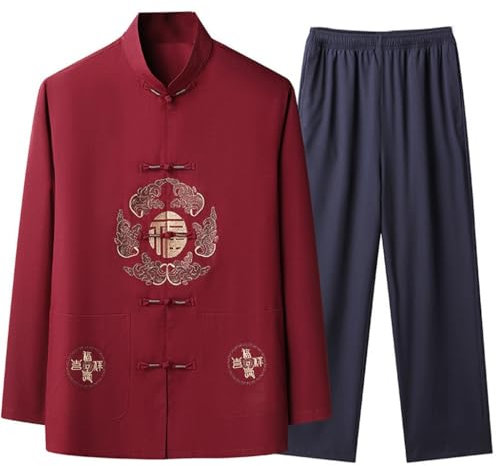 BDMRY Tang Suit Hanfu - Traje tradicional chino para hombre, traje de artes marciales, uniforme de Kung Fu, chaqueta de manga larga, uniforme de tai chi, abrigo, camisa, pantalones, rosso, M