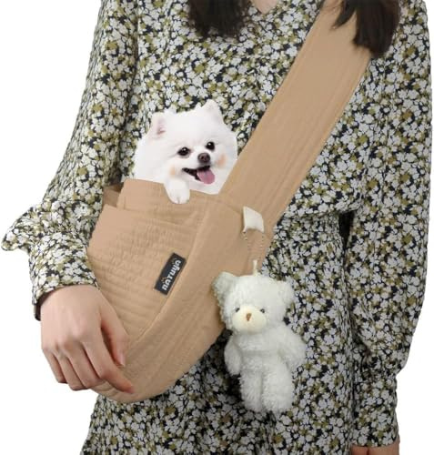 NATUYA Husdjurssele liten hundsele kattväska, justerbar rem, handsfree sling husdjursväska med främre blixtlåsficka, säkerhetsbälte för utomhusbruk, resor, tunnelbana (brun, duk)